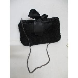 CHARRO Lorenza Black Woven Large Bow Chain Strap Satin Evening Clutch Bag
